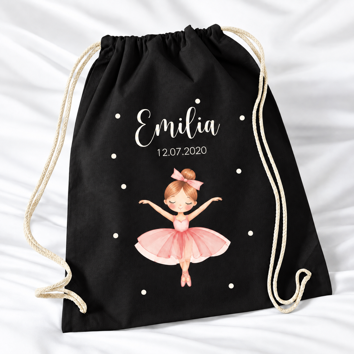 Personalisierter Ballerina-Turnbeutel in Schwarz mit Wunschname – Premium 340 g/m²
