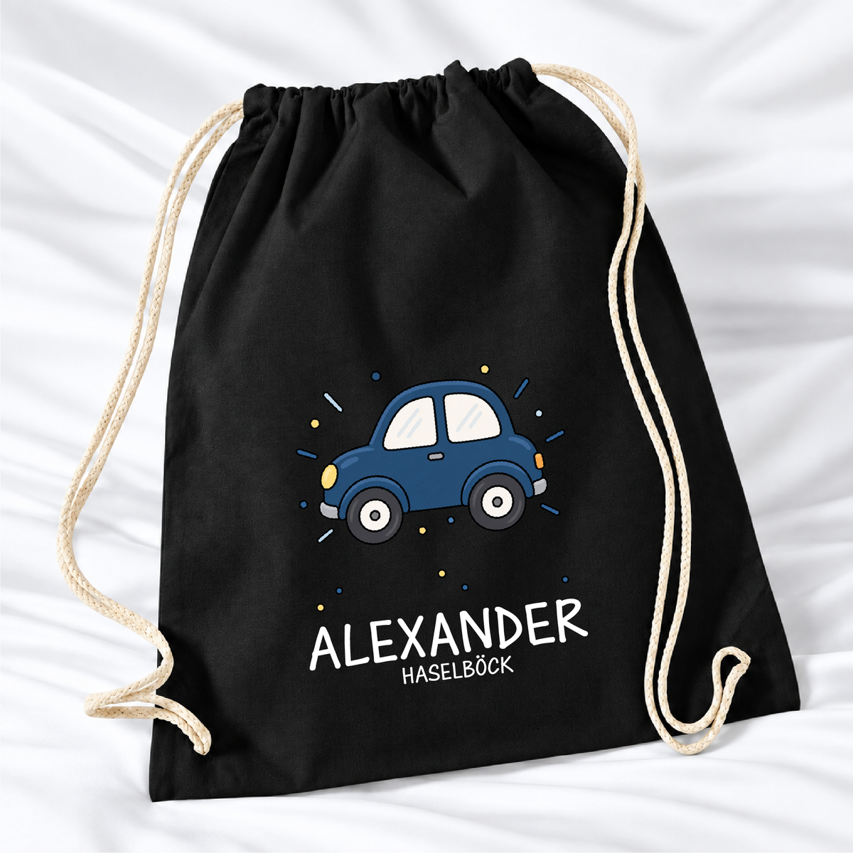 Personalisierter Auto-Turnbeutel in Schwarz mit Wunschname – Premium 340 g/m²