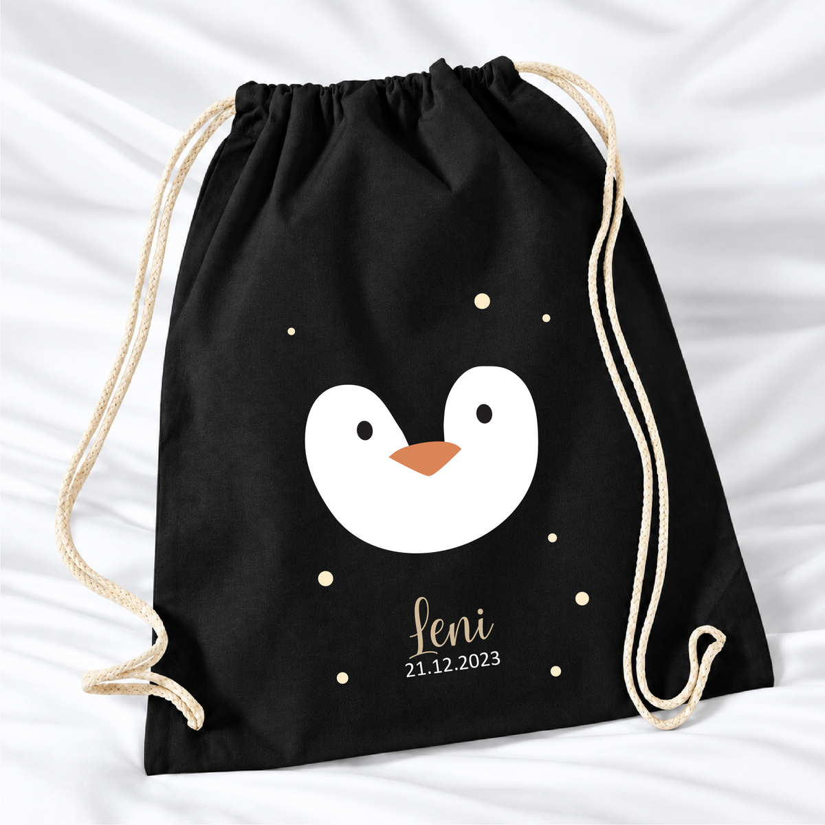 Personalisierter Pinguin-Turnbeutel in Schwarz mit Wunschname – Premium 340 g/m²