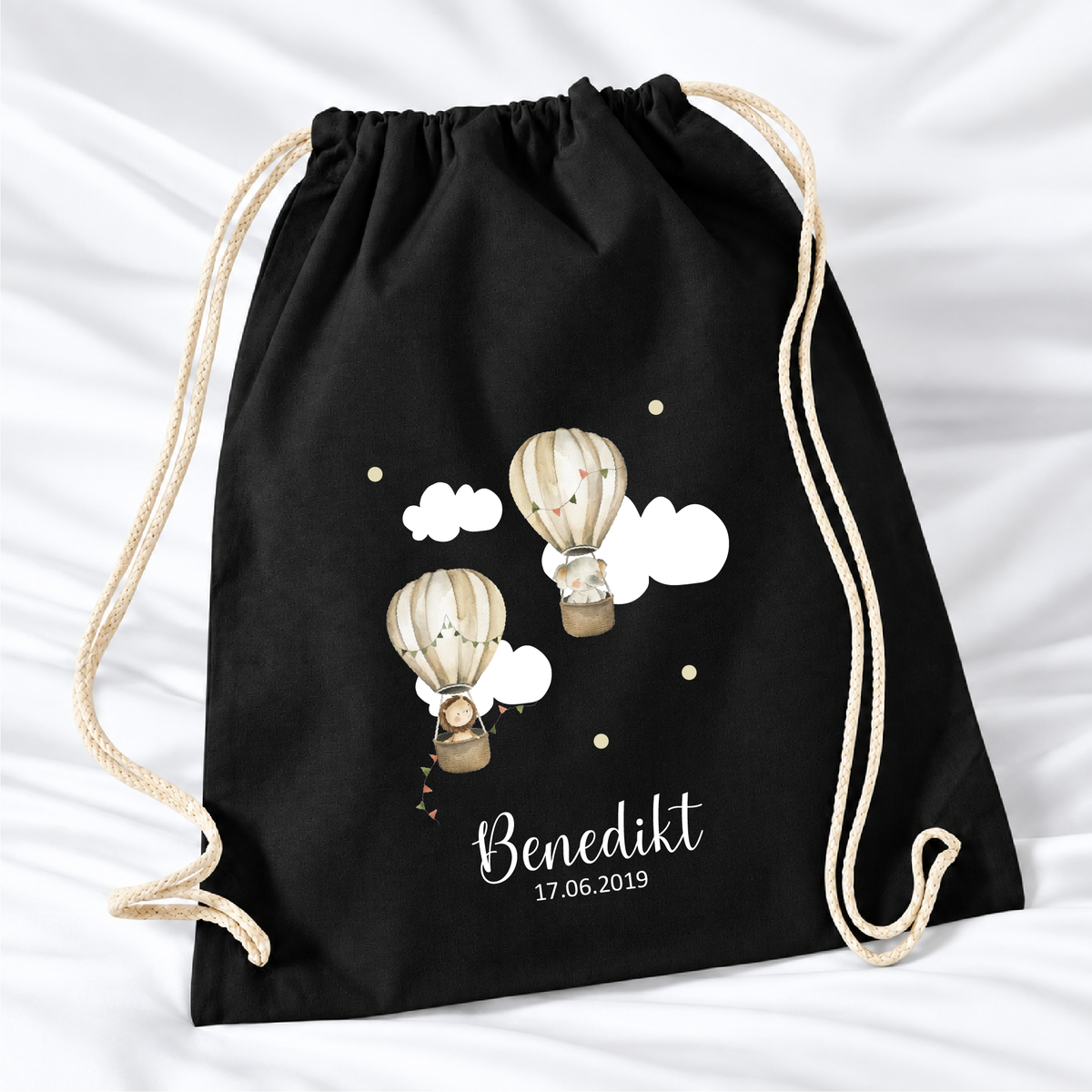 Personalisierter Heißluftballon-Turnbeutel in Schwarz mit Wunschname – Standard 140 g/m²