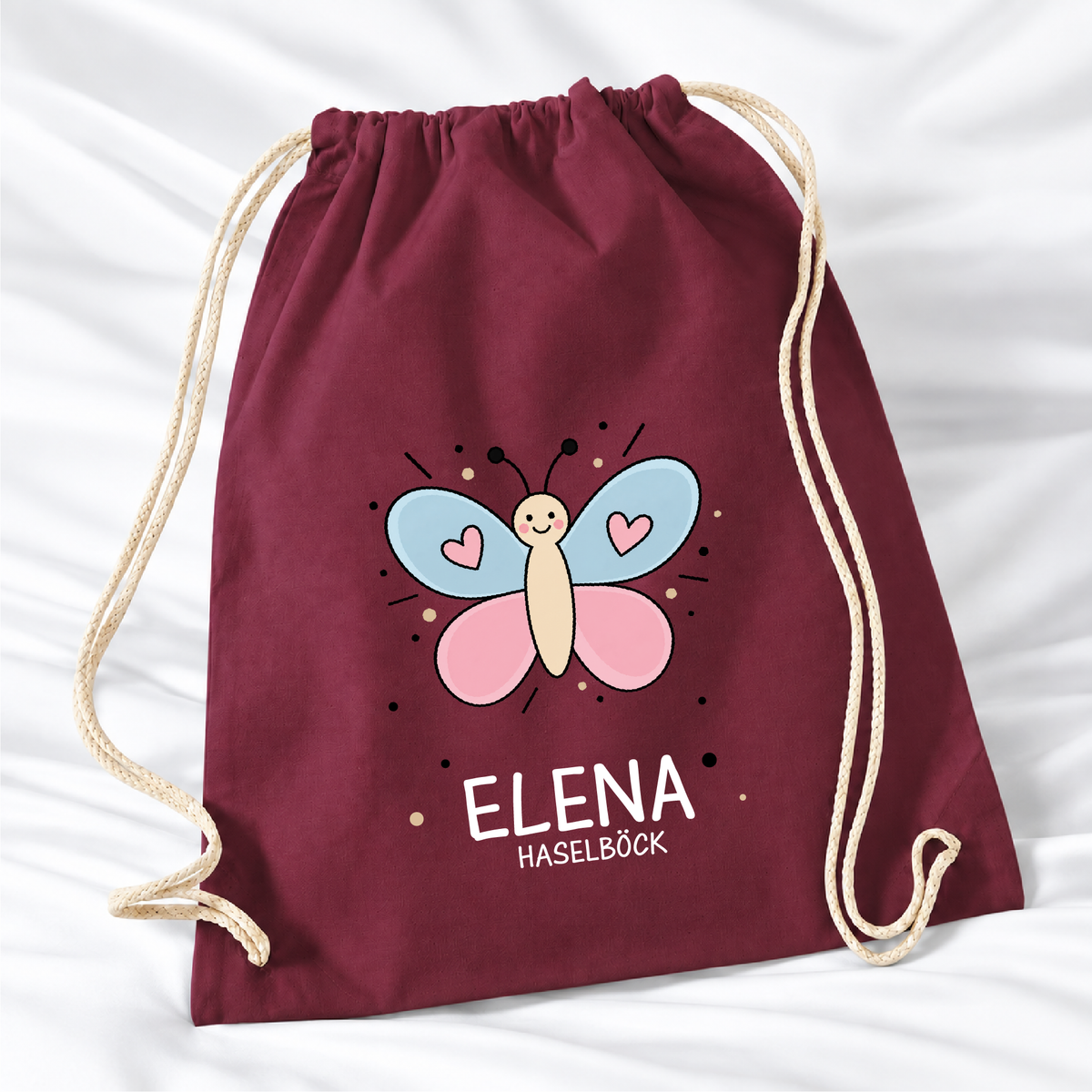 Personalisierter Schmetterling-Turnbeutel in Bordeaux mit Wunschname – Standard 140 g/m²