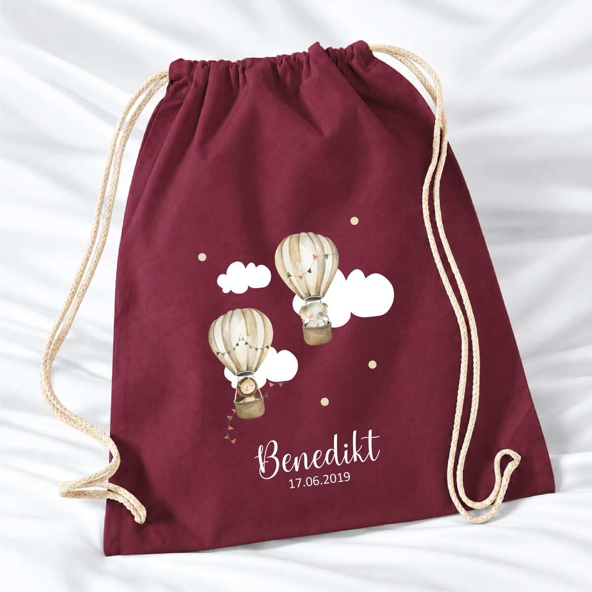 Personalisierter Heißluftballon-Turnbeutel in Bordeaux mit Wunschname – Standard 140 g/m²