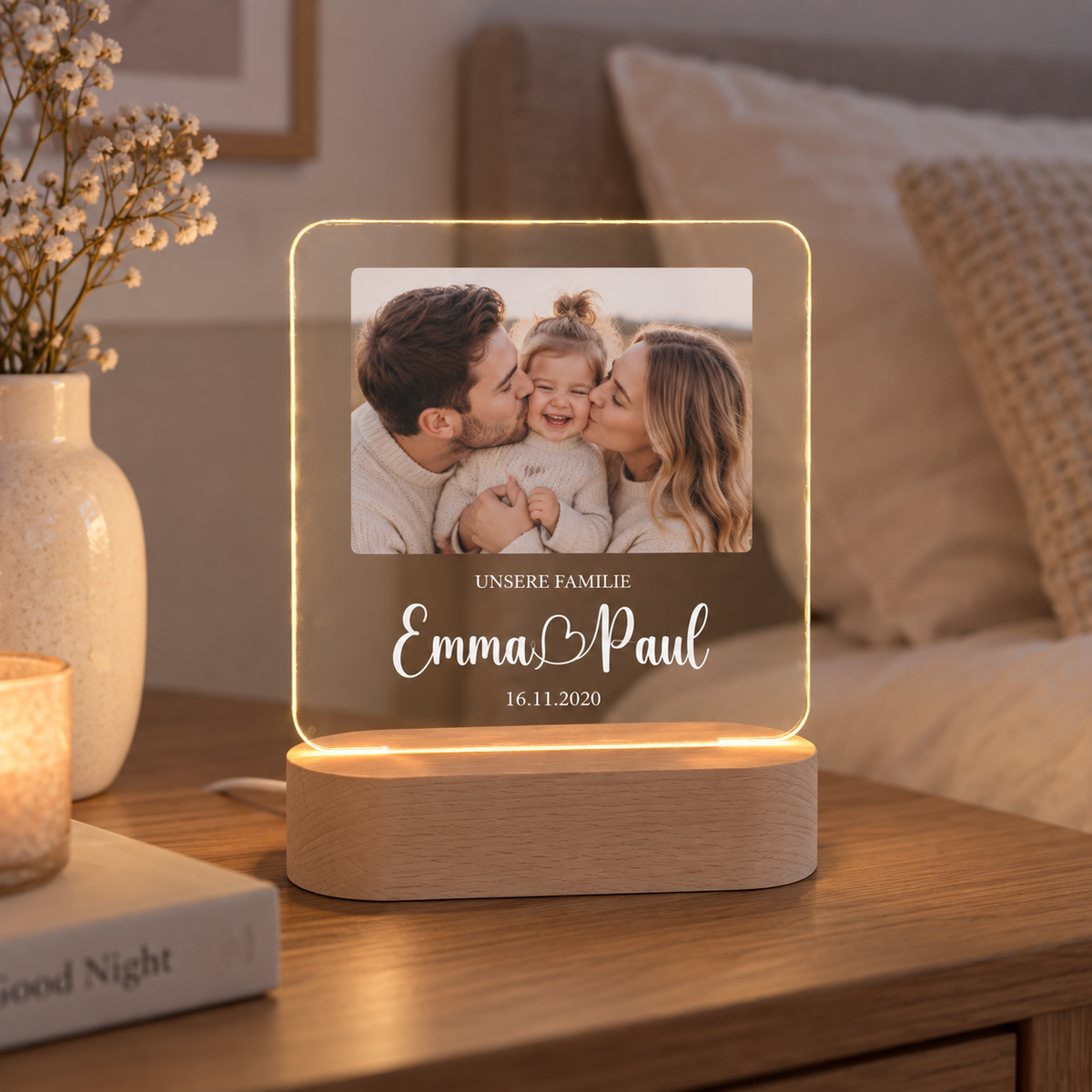 Erinnerungslicht für Paare aus Acrylglas und Holz
