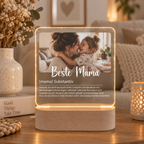 LED-Fotolampe aus Acrylglas mit Holzsockel