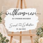 Personalisiertes Willkommensschild zur Hochzeit aus klarem 3 mm Acrylglas auf Staffelei