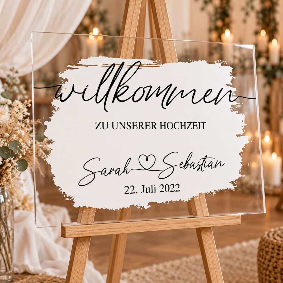 Acryl Hochzeitsschild im Querformat mit Weißdruck, Namen und Hochzeitsdatum