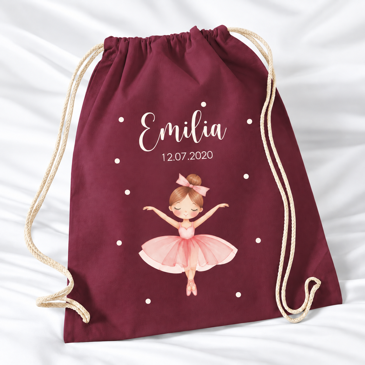 Personalisierter Ballerina-Turnbeutel in Bordeaux mit Wunschname – Standard 140 g/m²