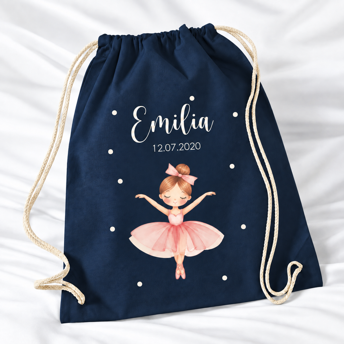 Personalisierter Ballerina-Turnbeutel in Dunkelblau mit Wunschname – Premium 340 g/m²