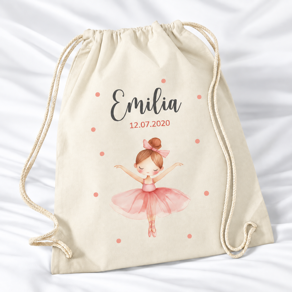 Personalisierter Ballerina-Turnbeutel in Hellblau mit Wunschname – Standard 140 g/m²