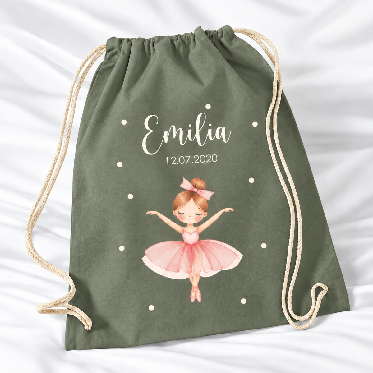 Personalisierter Ballerina-Turnbeutel in Olivgrün mit Wunschname – Standard 140 g/m²