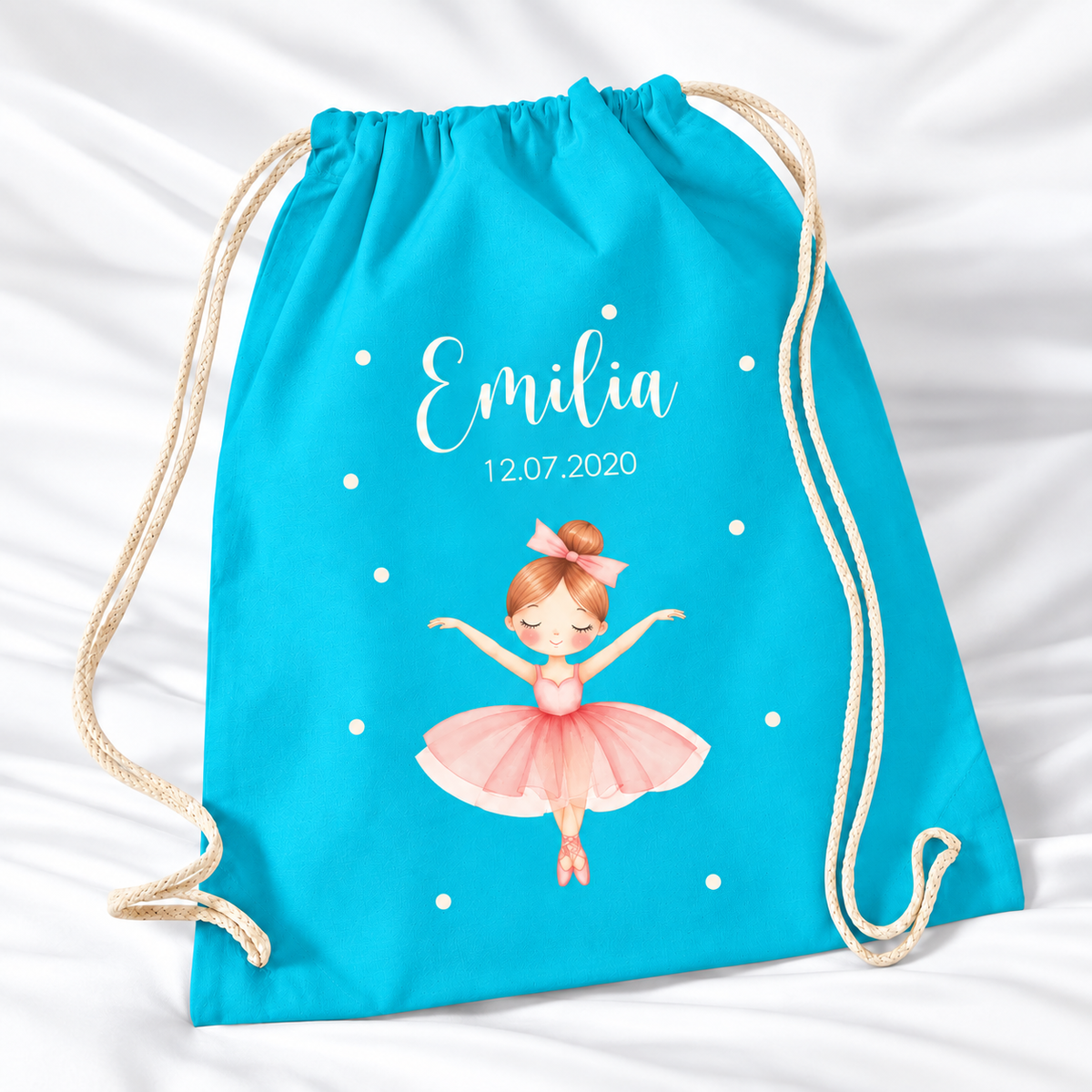 Personalisierter Ballerina-Turnbeutel in Hellblau mit Wunschname – Standard 140 g/m²