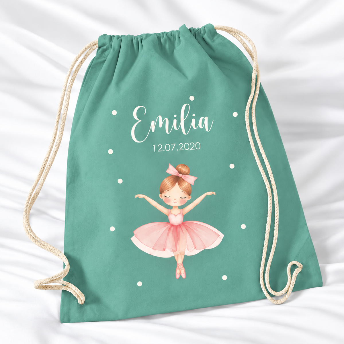 Personalisierter Ballerina-Turnbeutel in Salbeigrün mit Wunschname – Premium 340 g/m²