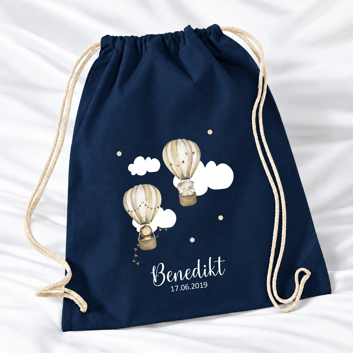 Personalisierter Heißluftballon-Turnbeutel in Dunkelblau mit Wunschname – Premium 340 g/m²