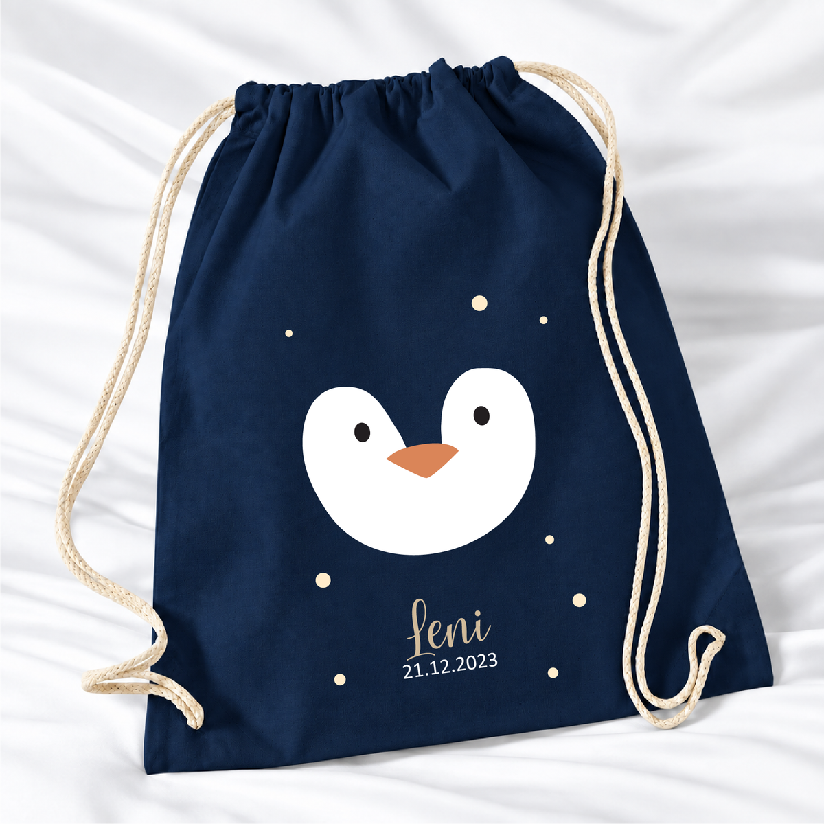 Personalisierter Pinguin-Turnbeutel in Dunkelblau mit Wunschname – Premium 340 g/m²