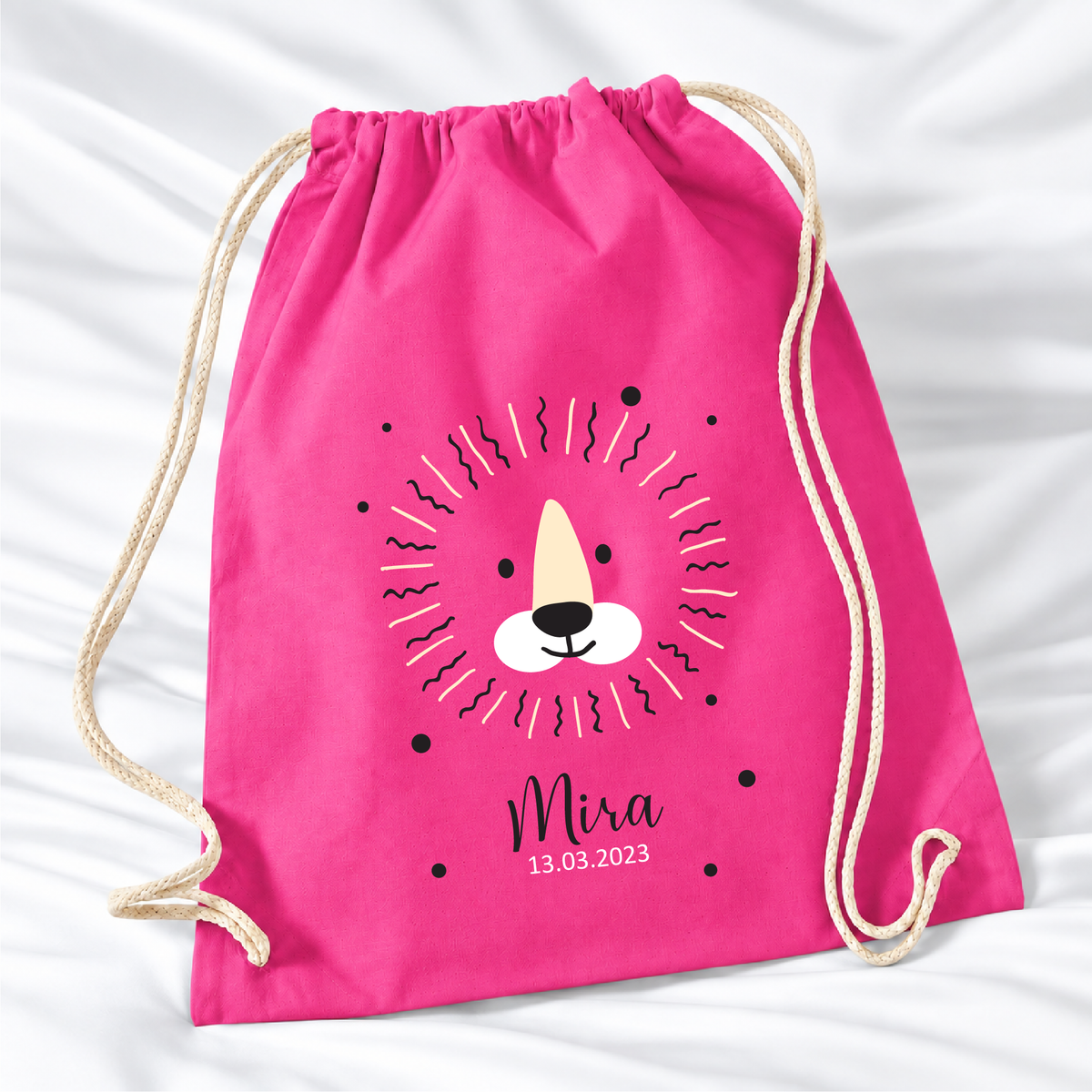 Personalisierter Löwen-Turnbeutel in Fuchsia mit Wunschname – Standard 140 g/m²