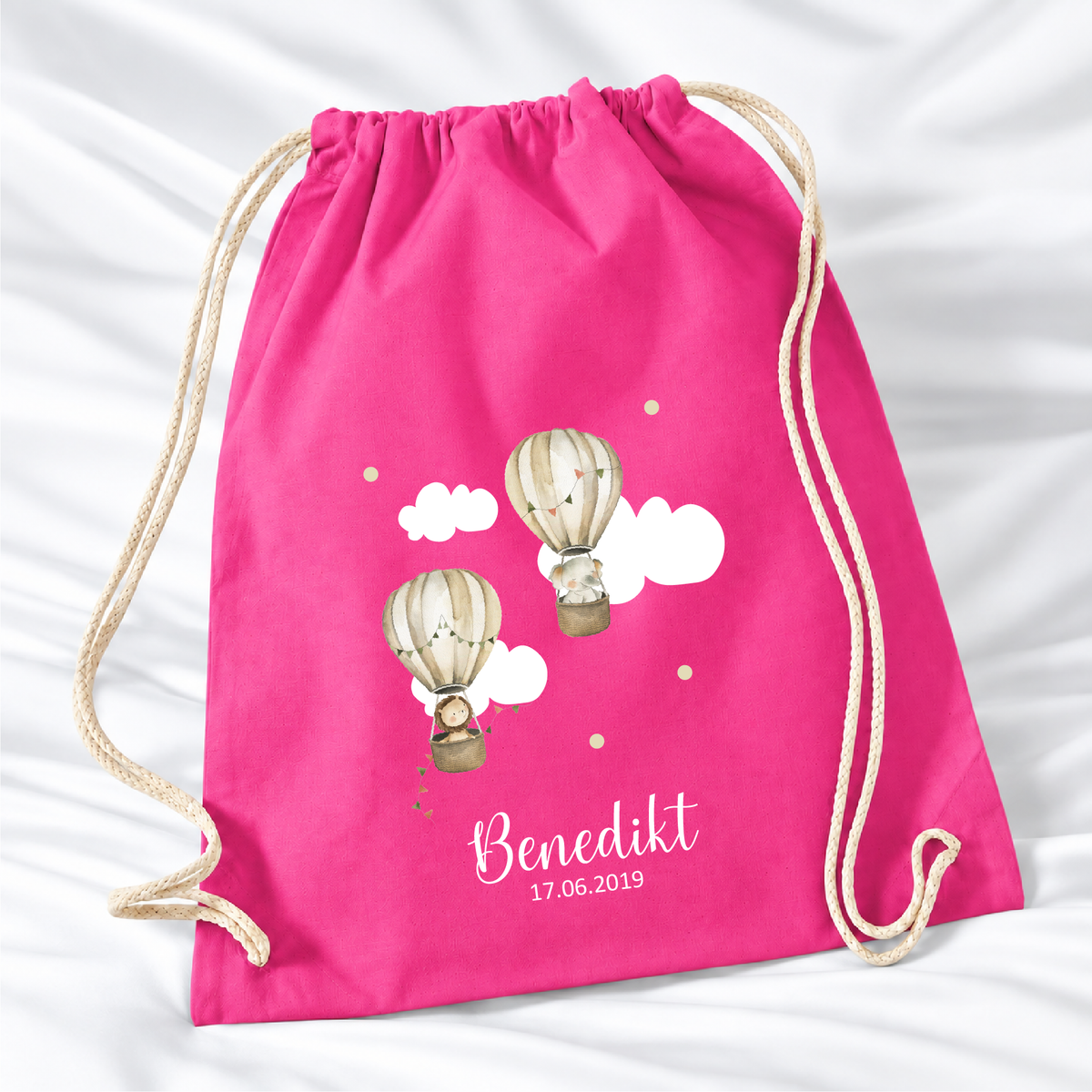 Personalisierter Heißluftballon-Turnbeutel in Fuchsia mit Wunschname – Standard 140 g/m²