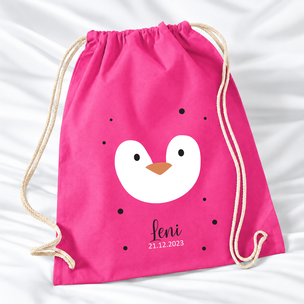 Personalisierter Pinguin-Turnbeutel in Fuchsia mit Wunschname – Standard 140 g/m²