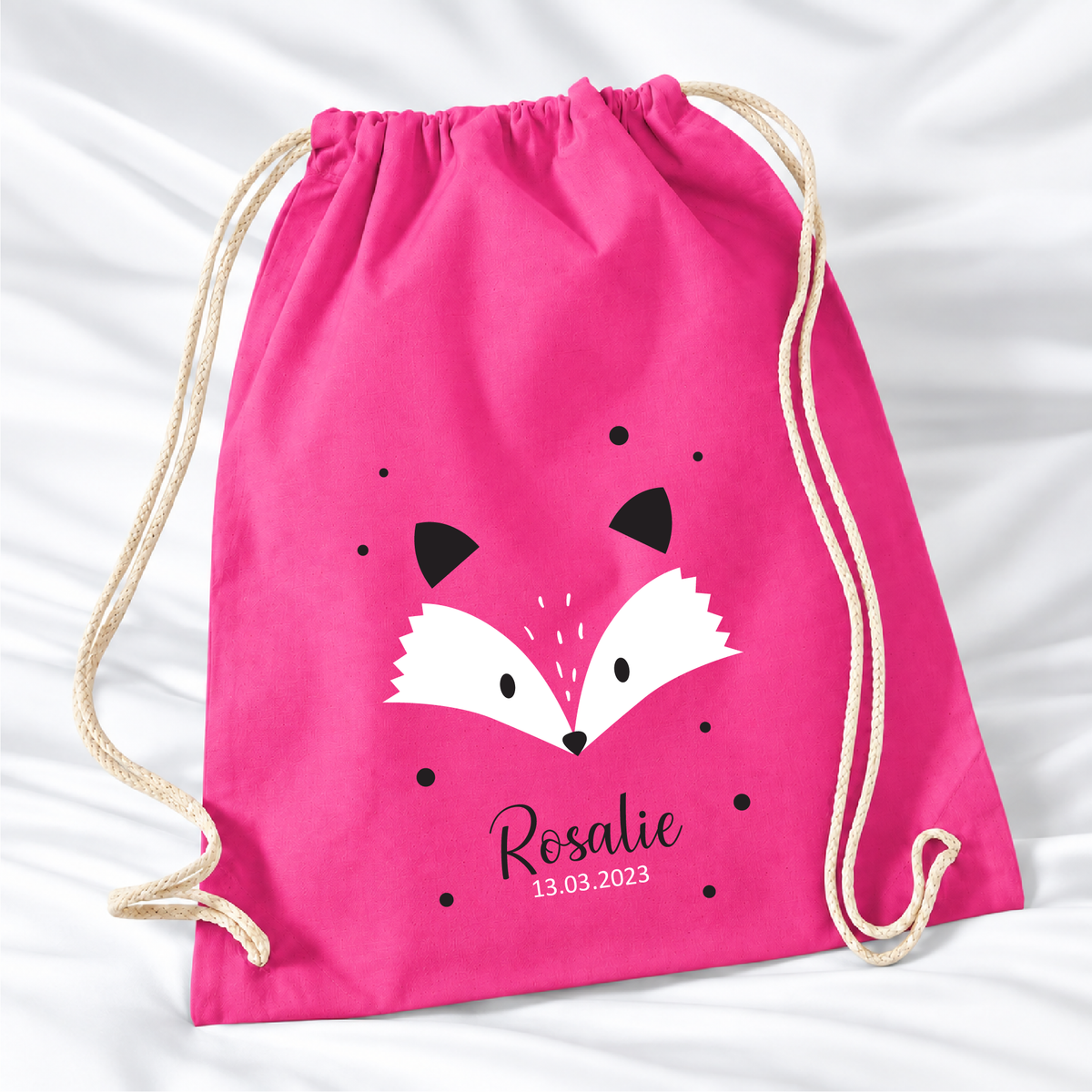 Personalisierter Fuchs-Turnbeutel in Fuchsia mit Wunschname – Standard 140 g/m²