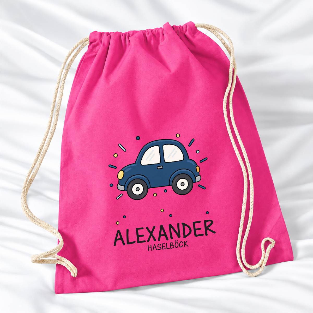 Personalisierter Auto-Turnbeutel in Fuchsia mit Wunschname – Standard 140 g/m²