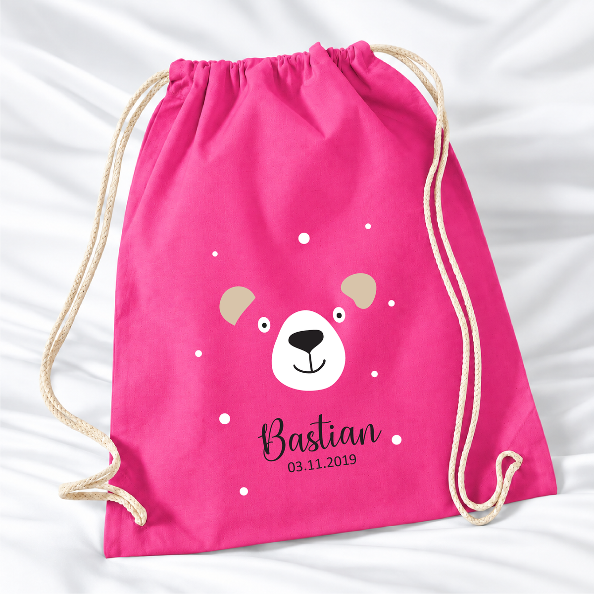Personalisierter Bär-Turnbeutel in Fuchsia mit Wunschname – Standard 140 g/m²