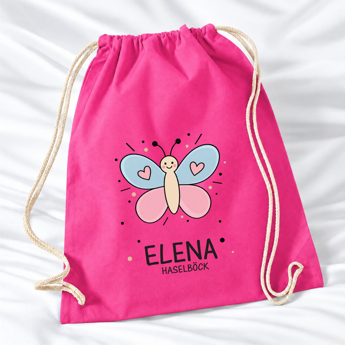 Personalisierter Schmetterling-Turnbeutel in Fuchsia mit Wunschname – Standard 140 g/m²