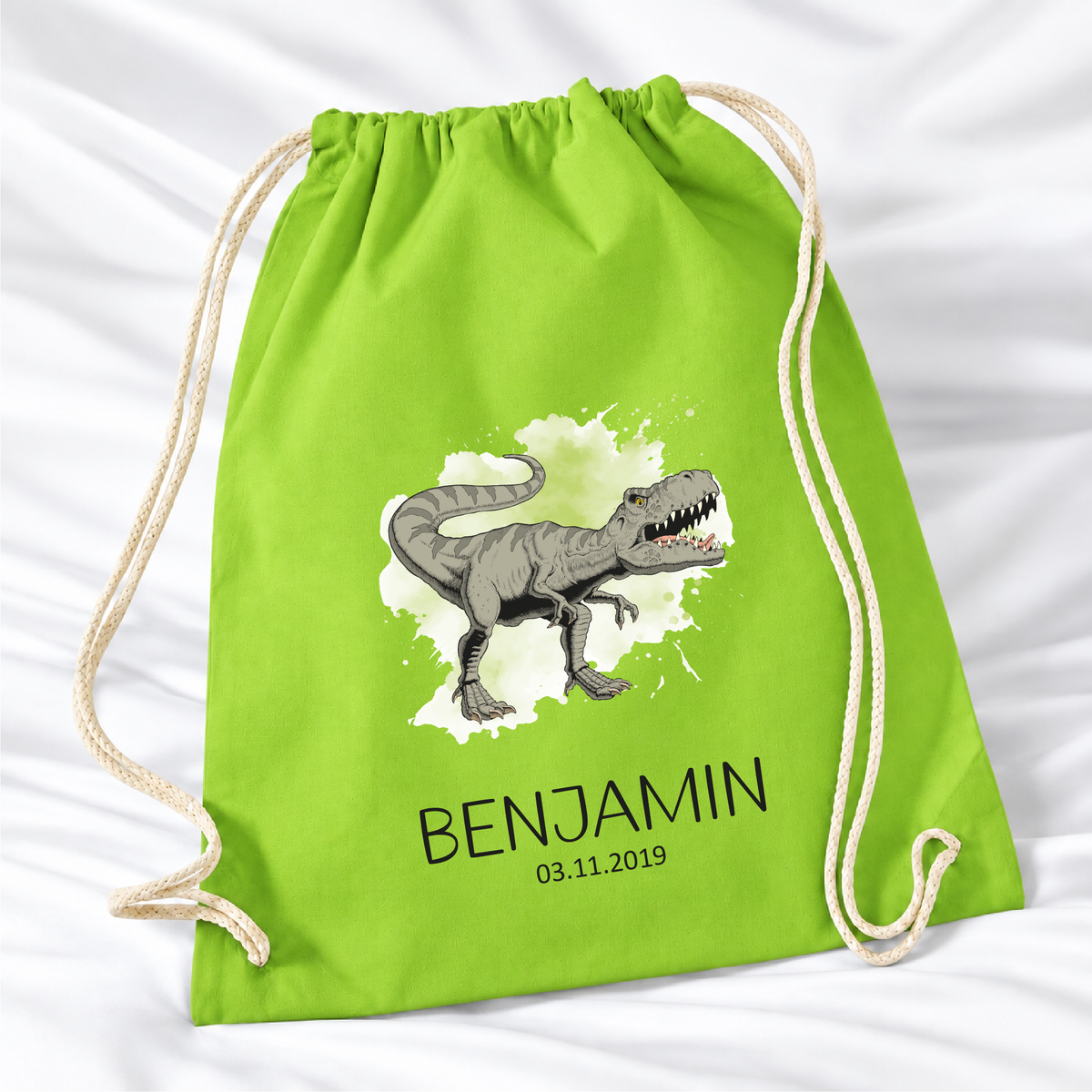 Personalisierter Dino-Turnbeutel in Lindgrün mit Wunschname – Standard 140 g/m²