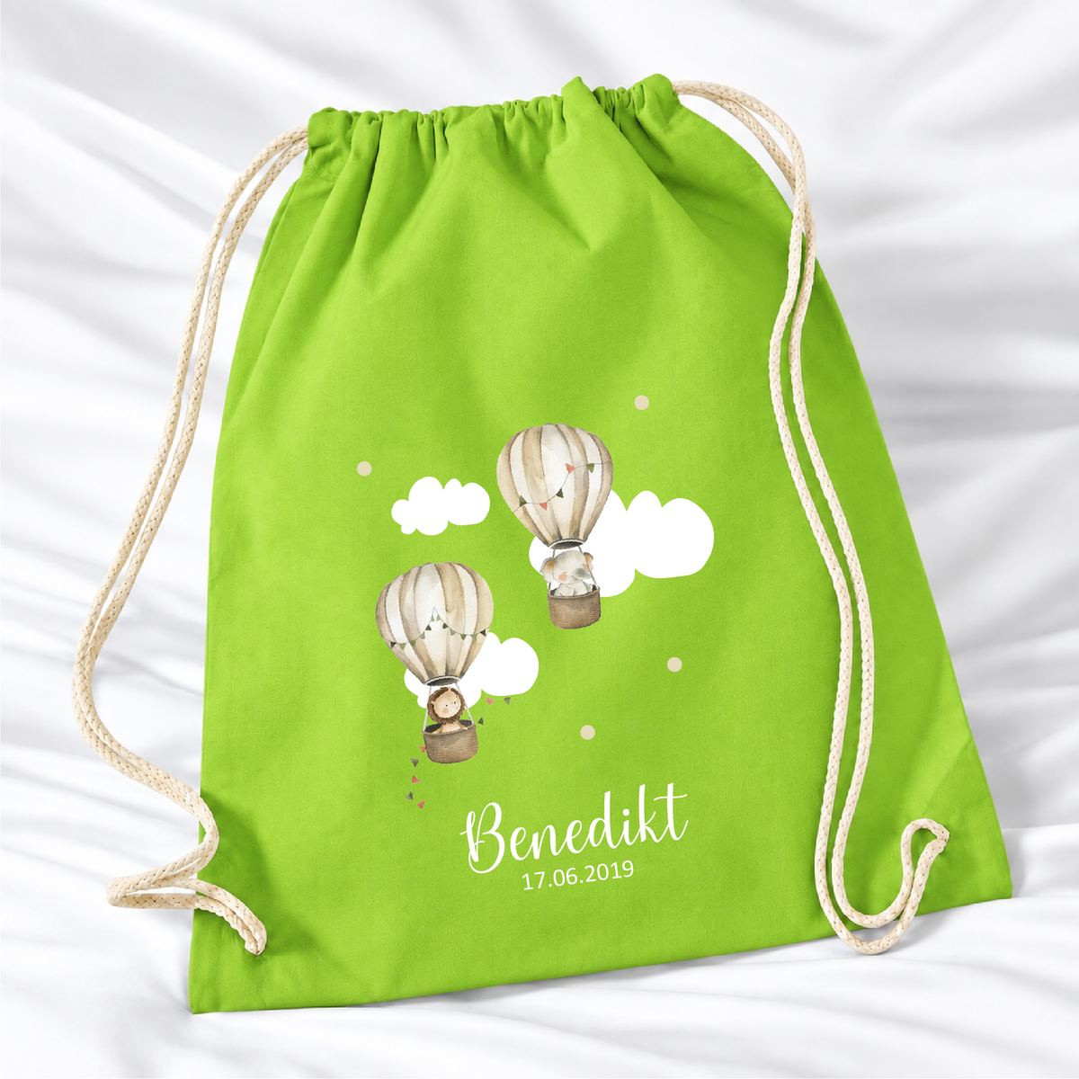 Personalisierter Heißluftballon-Turnbeutel in Lindgrün mit Wunschname – Standard 140 g/m²