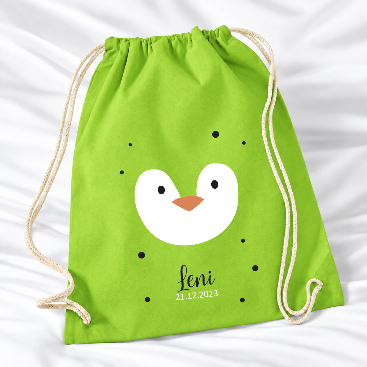 Personalisierter Pinguin-Turnbeutel in Lindgrün mit Wunschname – Standard 140 g/m²