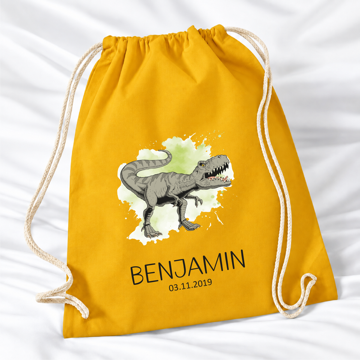 Personalisierter Dino-Turnbeutel in Senfgelb mit Wunschname – Standard 140 g/m²