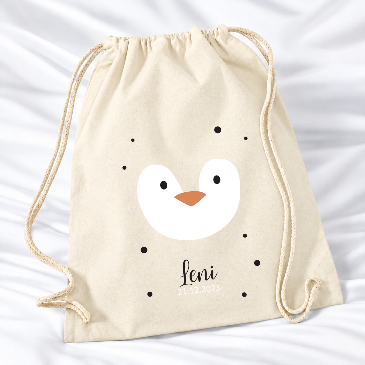 Personalisierter Pinguin-Turnbeutel in Natur mit Wunschname – Premium 340 g/m²