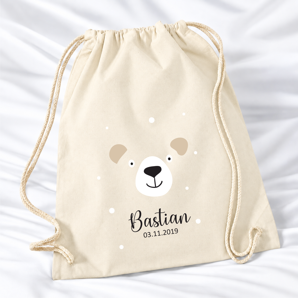 Personalisierter Bär-Turnbeutel in Natur mit Wunschname – Standard 140 g/m²