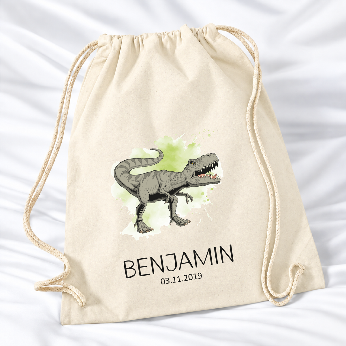 Personalisierter Dino-Turnbeutel in Natur mit Wunschname – Premium 340 g/m²