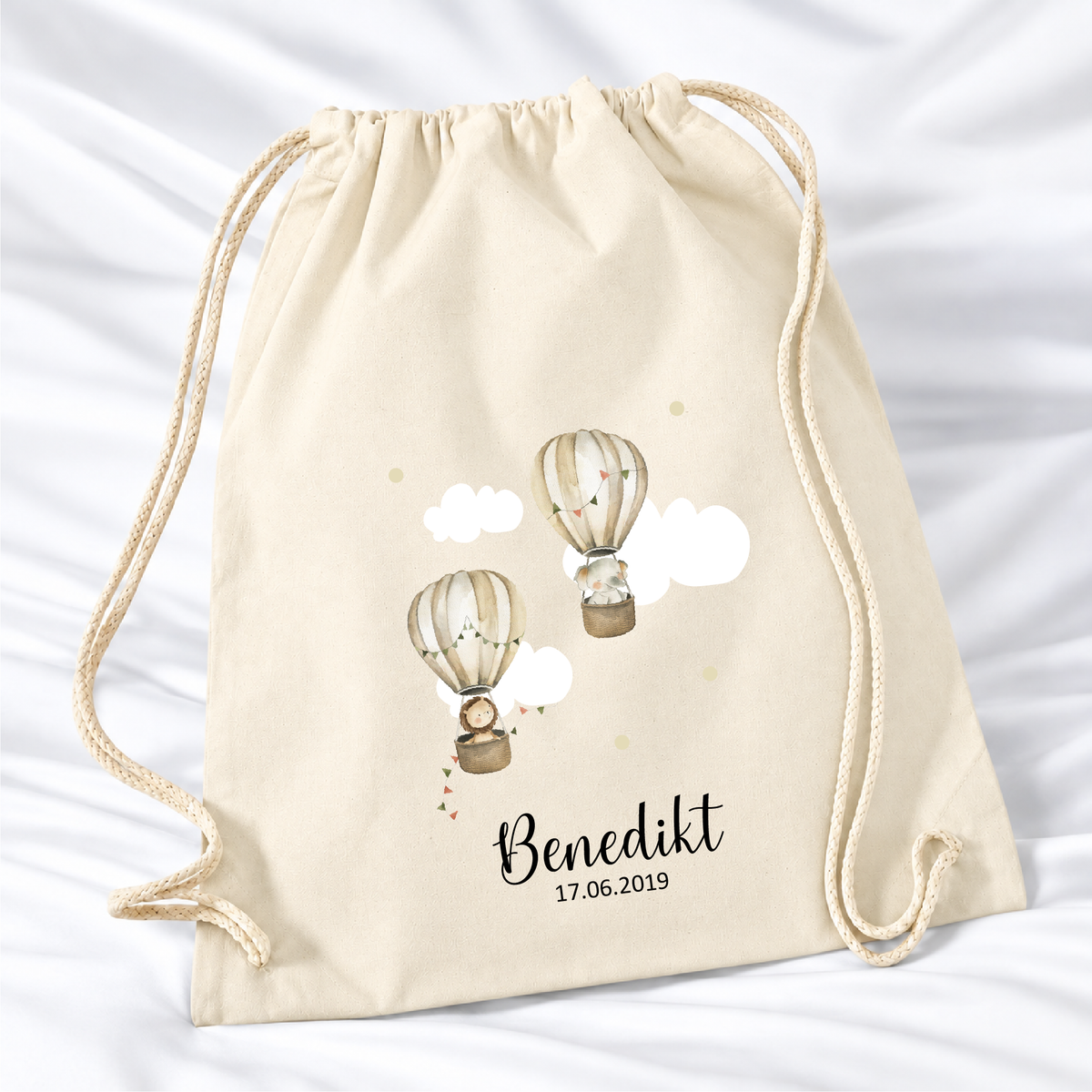 Personalisierter Heißluftballon-Turnbeutel in Natur mit Wunschname – Premium 340 g/m²