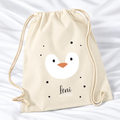 Personalisierter Pinguin-Turnbeutel in Natur mit Wunschname – Standard 140 g/m²