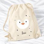 Personalisierter Pinguin-Turnbeutel in Natur mit Wunschname – Standard 140 g/m²