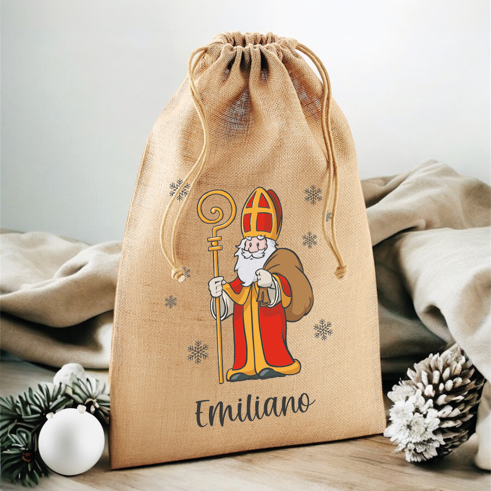 Nikolaussack personalisiert, Motiv: Nikolaus mit Stab