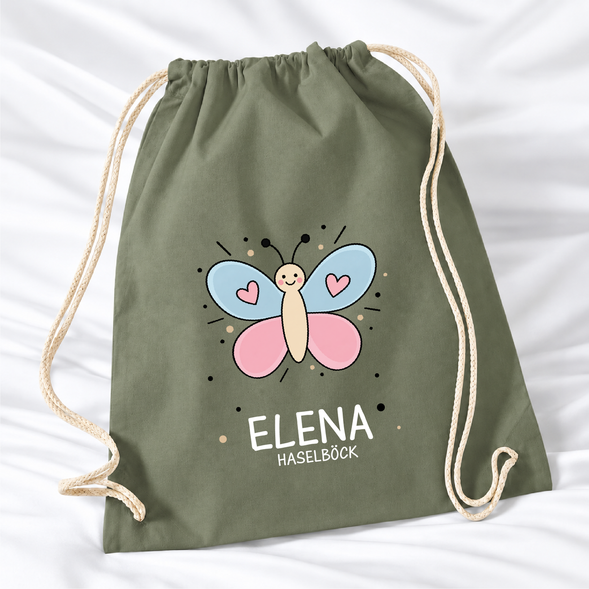 Personalisierter Schmetterling-Turnbeutel in Olivgrün mit Wunschname – Standard 140 g/m²