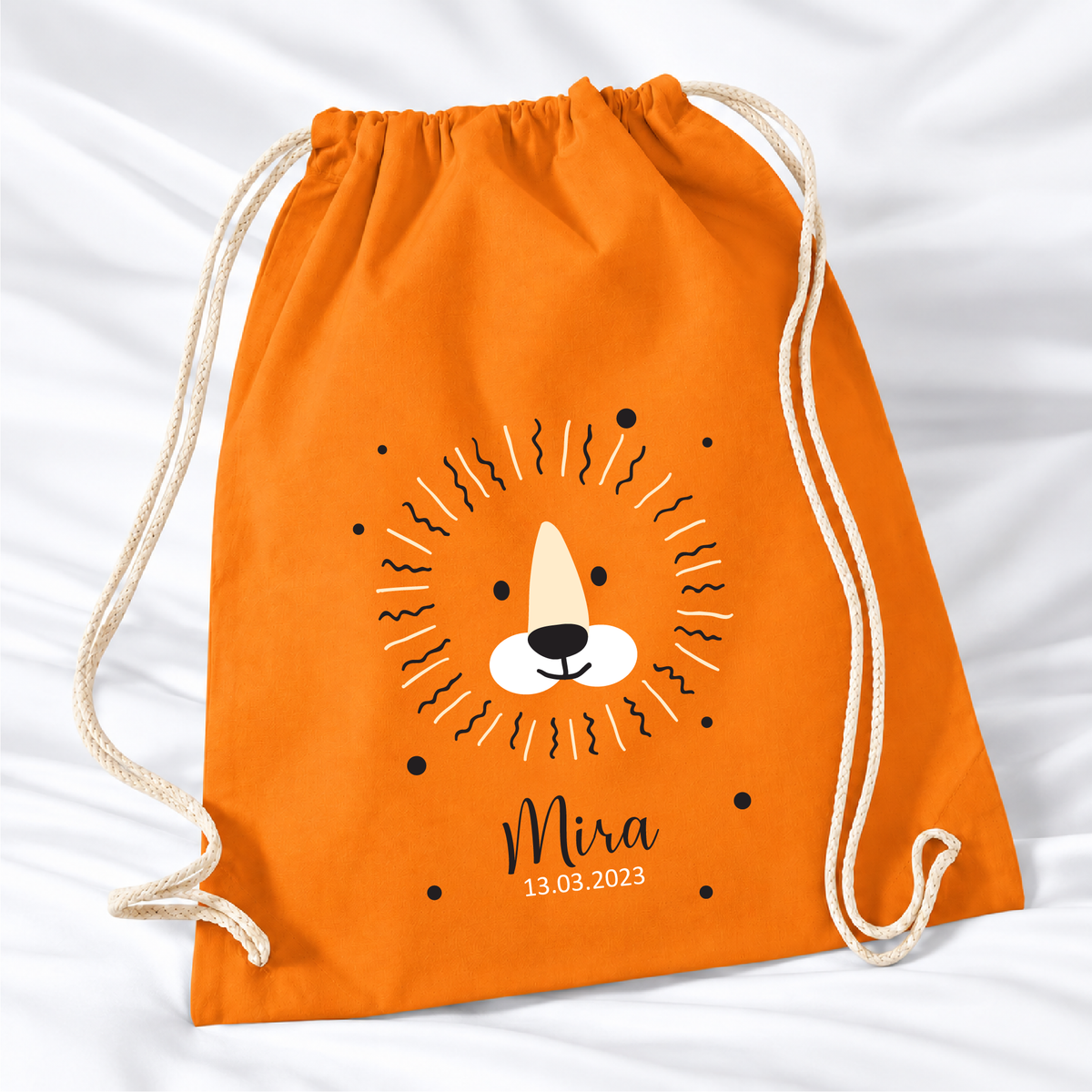 Personalisierter Löwen-Turnbeutel in Orange mit Wunschname – Standard 140 g/m²
