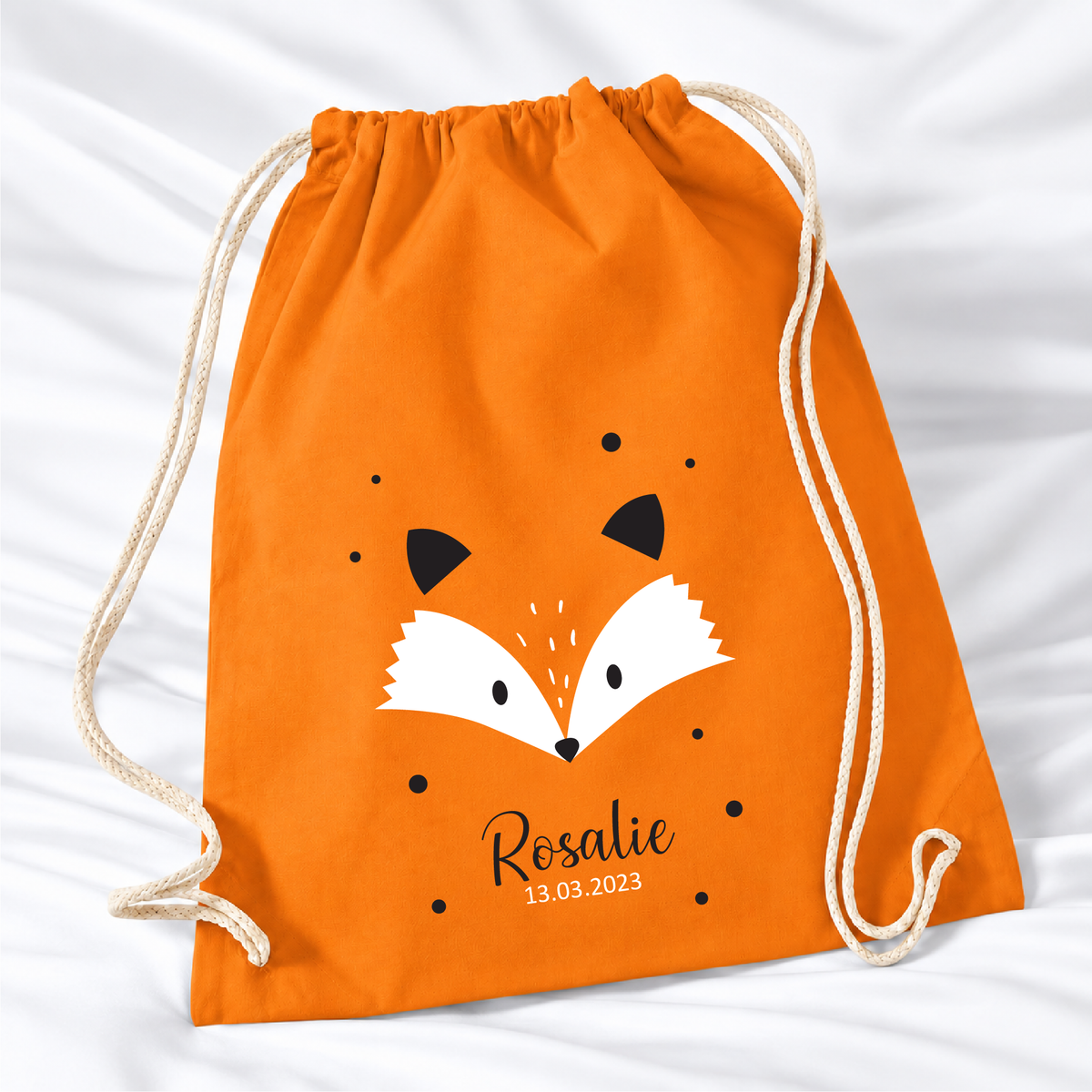 Personalisierter Fuchs-Turnbeutel in Orange mit Wunschname – Standard 140 g/m²