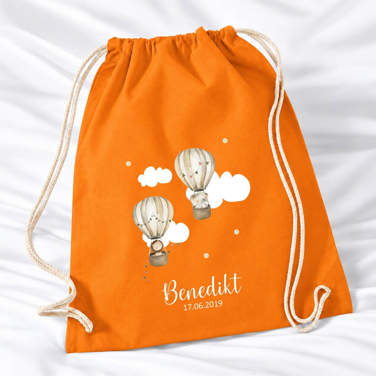 Personalisierter Heißluftballon-Turnbeutel in Orange mit Wunschname – Standard 140 g/m²