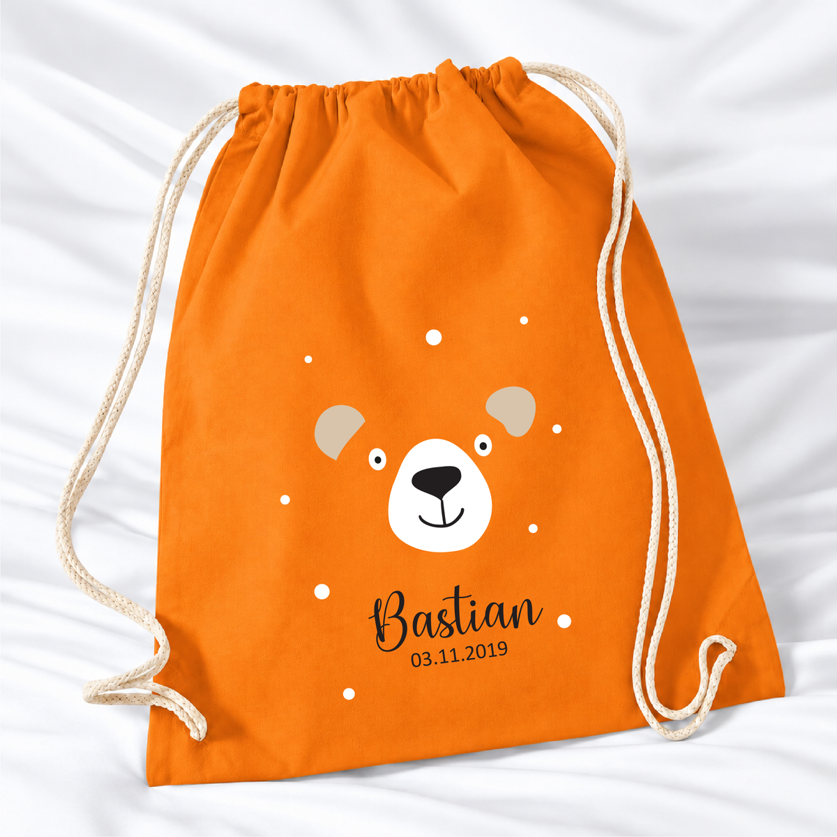 Personalisierter Bär-Turnbeutel in Orange mit Wunschname – Standard 140 g/m²