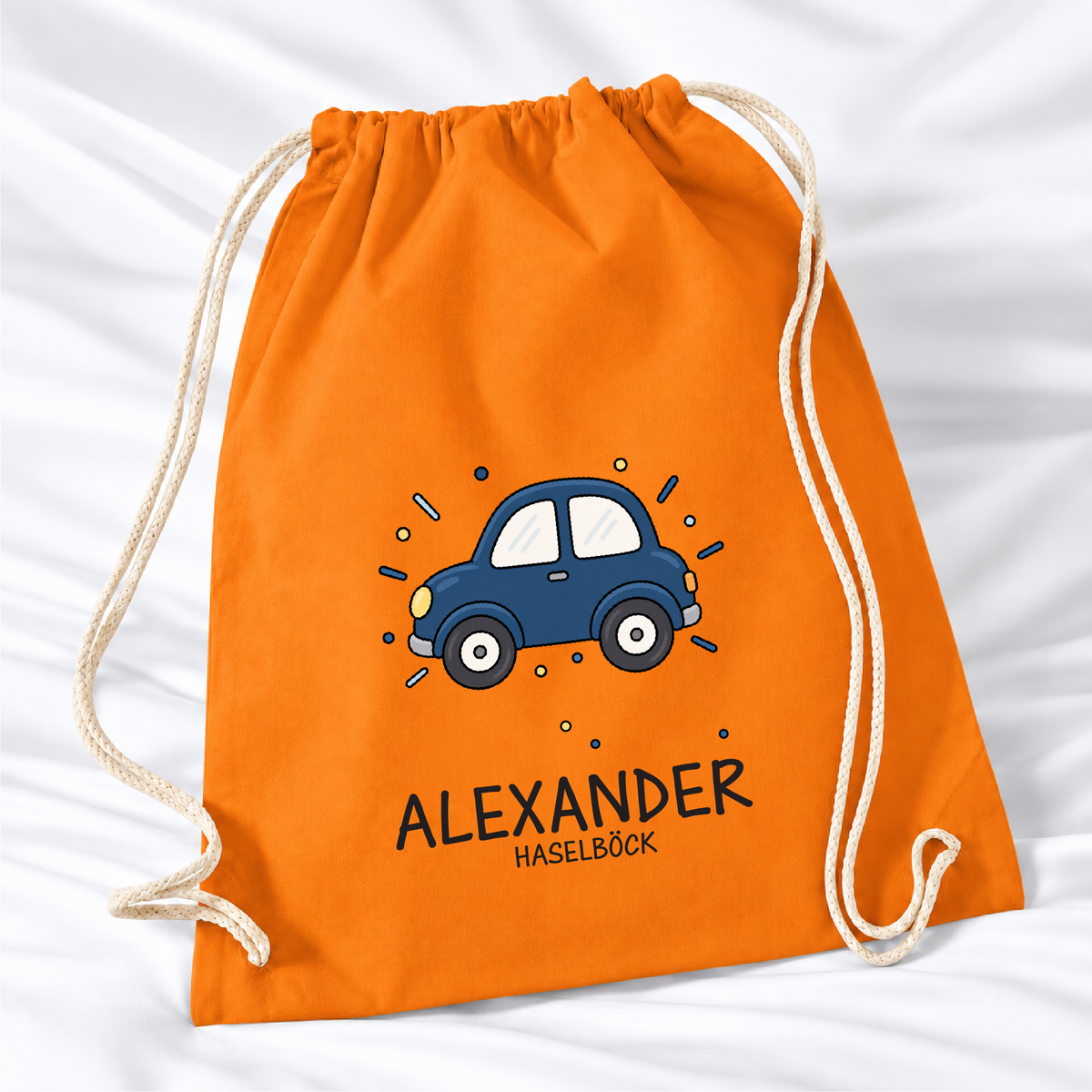 Personalisierter Auto-Turnbeutel in Orange mit Wunschname – Standard 140 g/m²