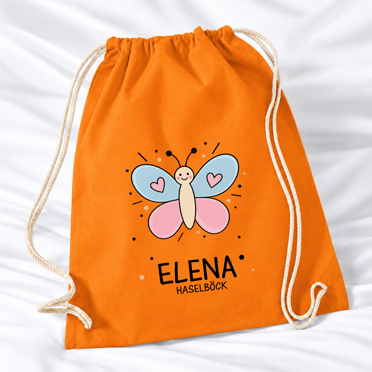 Personalisierter Schmetterling-Turnbeutel in Orange mit Wunschname – Standard 140 g/m²