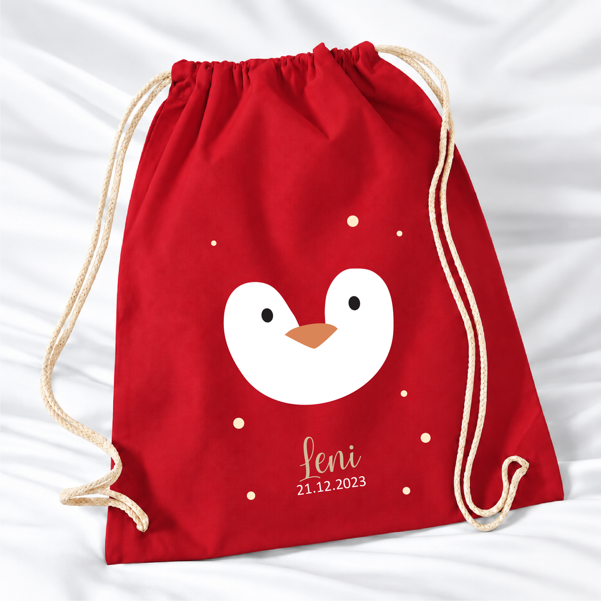 Personalisierter Pinguin-Turnbeutel in Rot mit Wunschname – Premium 340 g/m²