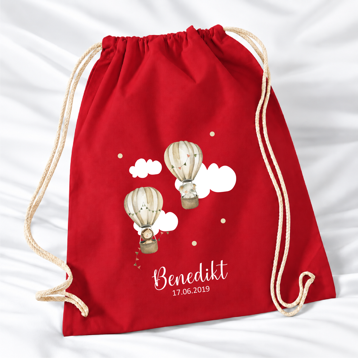 Personalisierter Heißluftballon-Turnbeutel in Rot mit Wunschname – Premium 340 g/m²