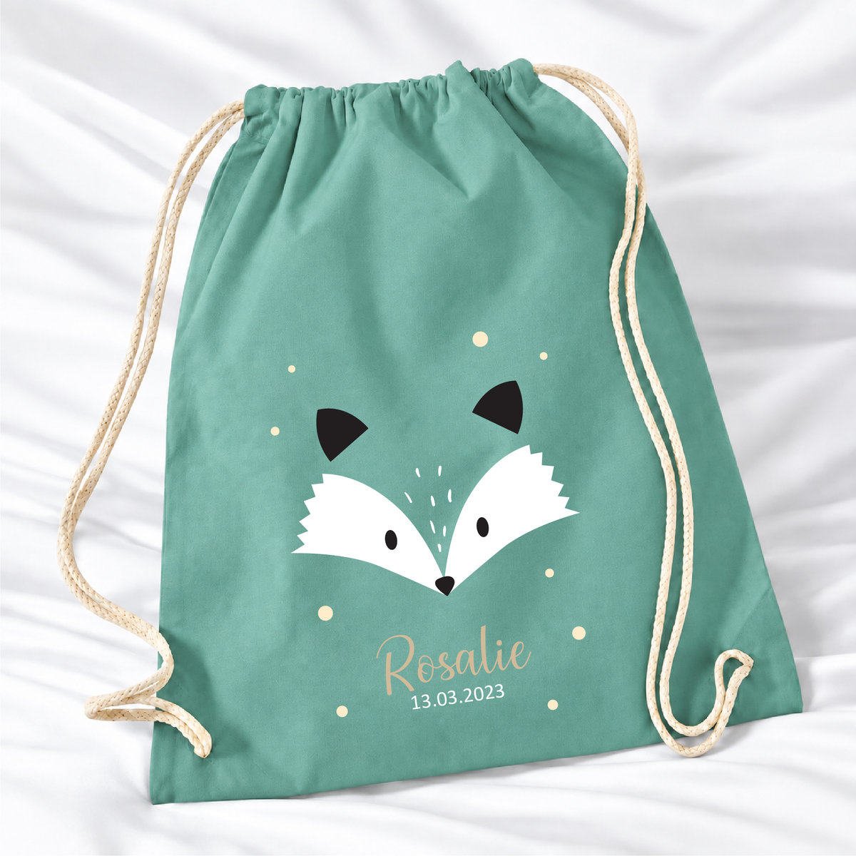 Personalisierter Fuchs-Turnbeutel in Salbeigrün mit Wunschname – Premium 340 g/m²