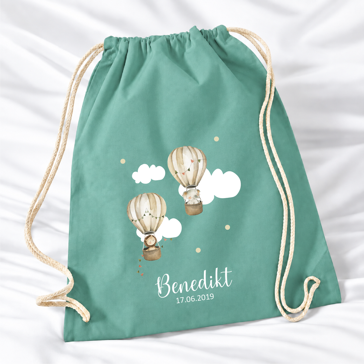 Personalisierter Heißluftballon-Turnbeutel in Salbeigrün mit Wunschname – Premium 340 g/m²