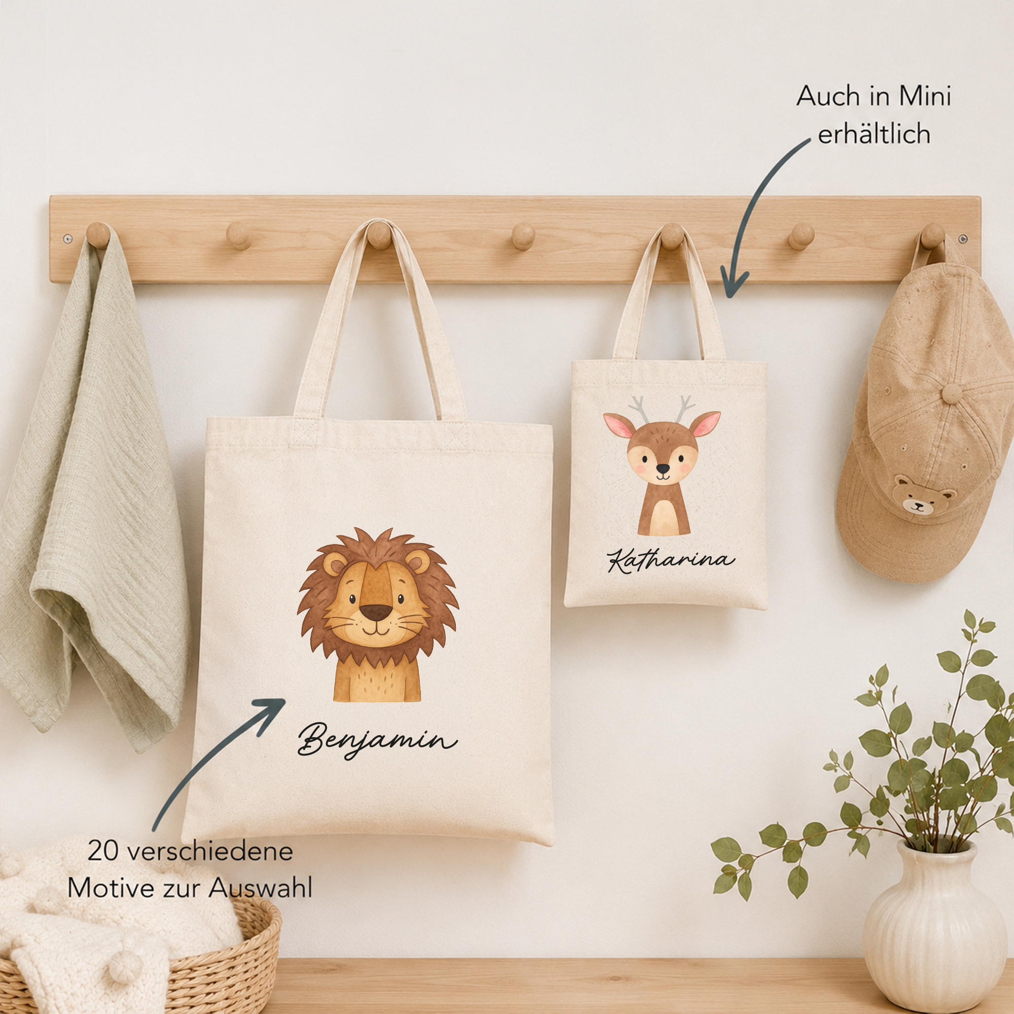 Stofftasche Tiere personalisiert – Baumwolle Kindertasche, Geschenk Kindergarten