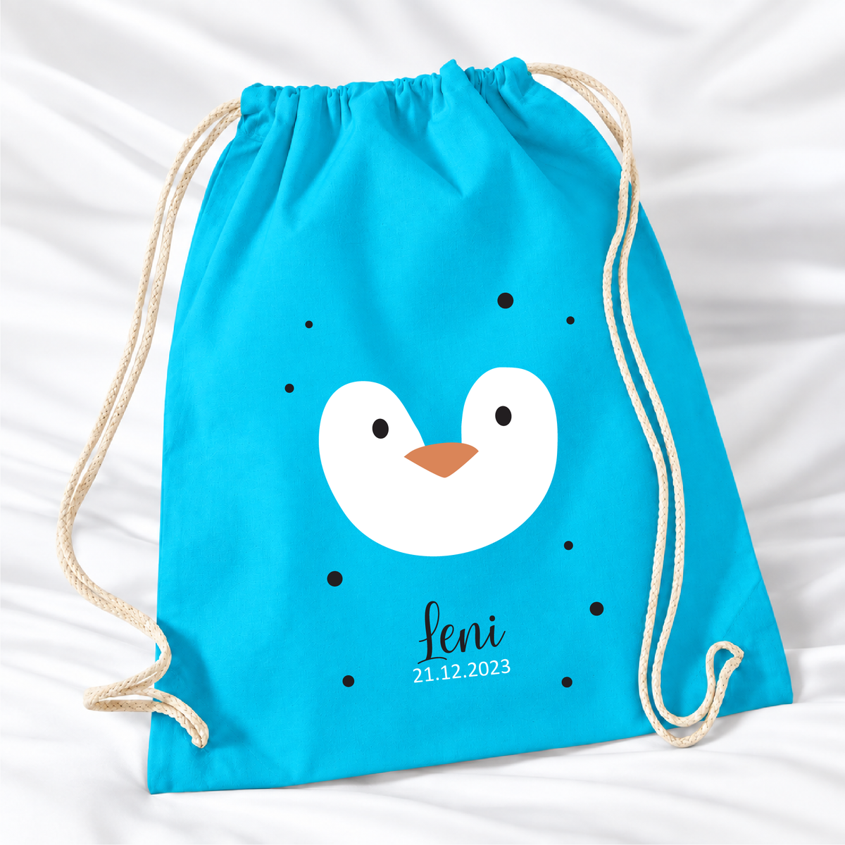 Personalisierter Pinguin-Turnbeutel in Hellblau mit Wunschname – Standard 140 g/m²