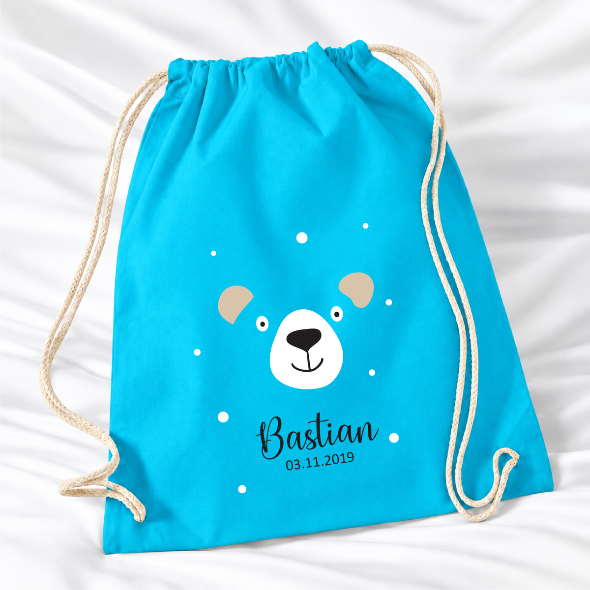 Personalisierter Bär-Turnbeutel in Hellblau mit Wunschname – Standard 140 g/m²